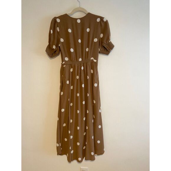 Maeve Anthropologie Bernice Brown Polka Dot Wrap Dress Midi Length HAS POCKETS!! - Picture 4 of 6